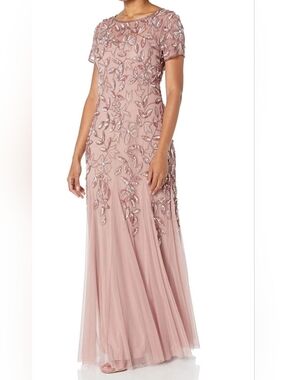 Adrianna Papell  Hand Beaded Short Sleeve Floral Godet Gown In Rose Gold Size 12